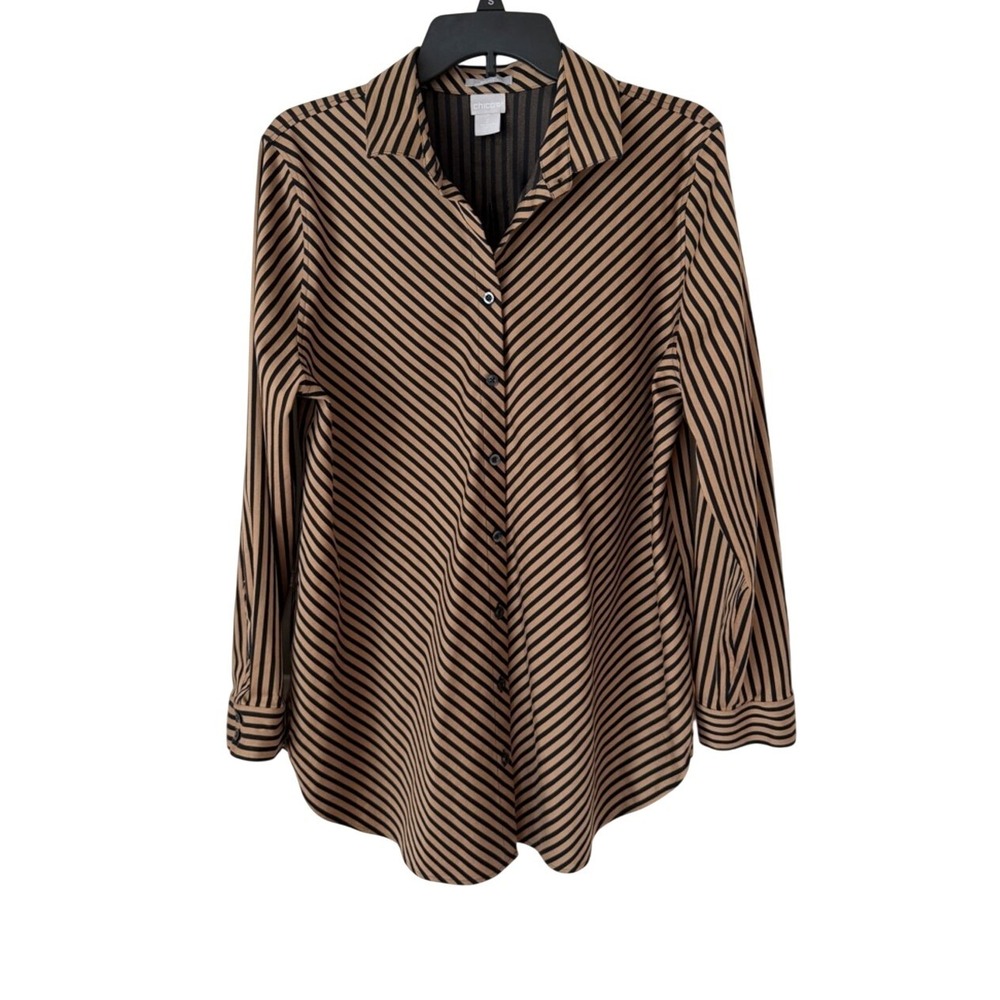 Chico's No Iron Chic Stretch Button Down Shirt Tan Black Diagonal Stripe Office